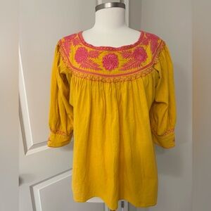 Sister Mary Bohemian Style Embroidered Peasant Top With Pink Floral Details Med
